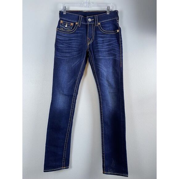 NWOT True Religion Sz 29 Mens Slim Fit Ferd Flap OM Big T Red Dk Blue Jeans - Picture 1 of 10